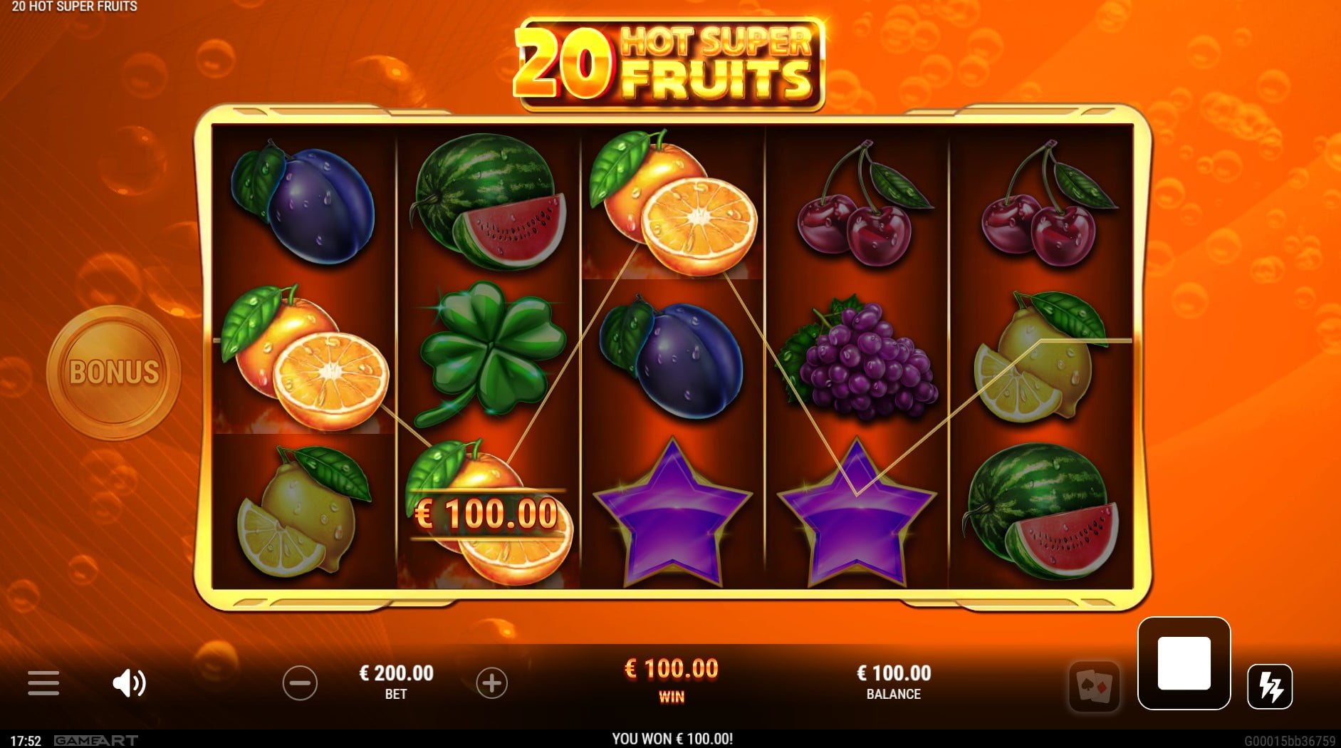 20 Hot Super Fruits by Gameart slot gameplay screen