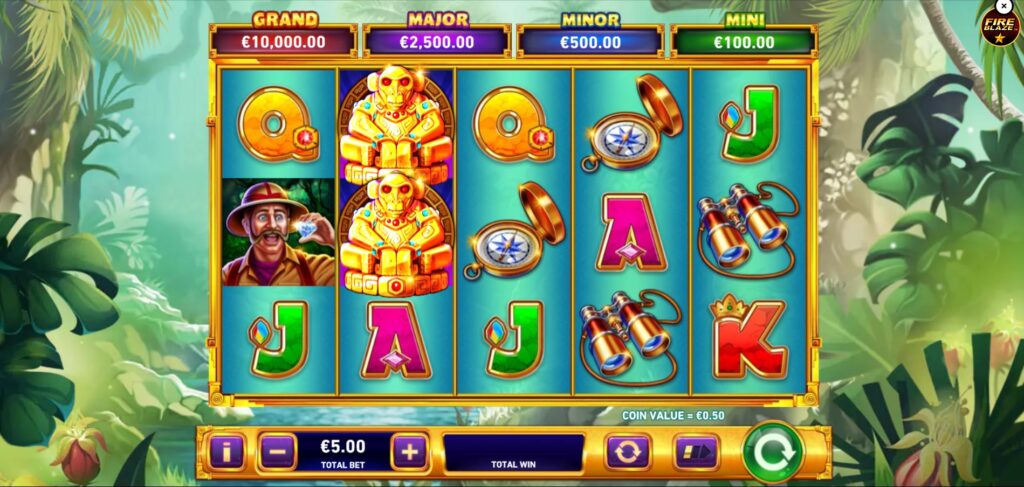 Adventure Trail slot base game screen with explorer and crocodile symbols on the reels.