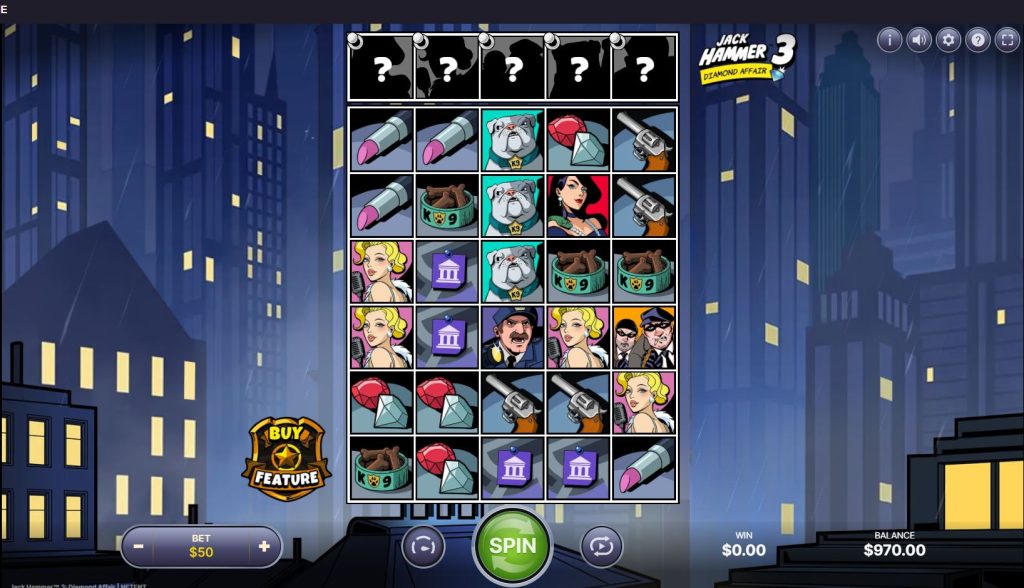 The 5x6 gameplay grid of Jack Hammer 3, showing the various high-paying and low-paying symbols.
