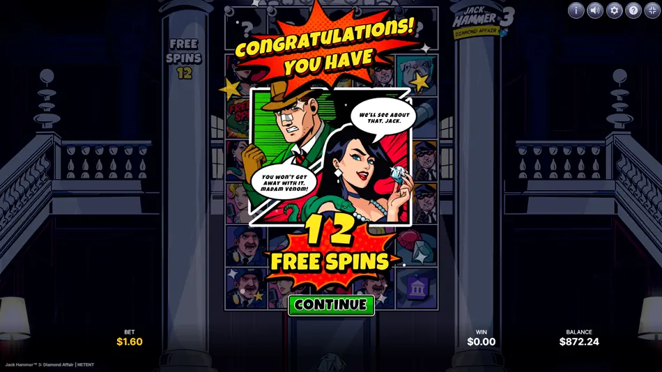 Online slot Jack Hammer 3: Diamond Affair from NetEnt - free spins draw.