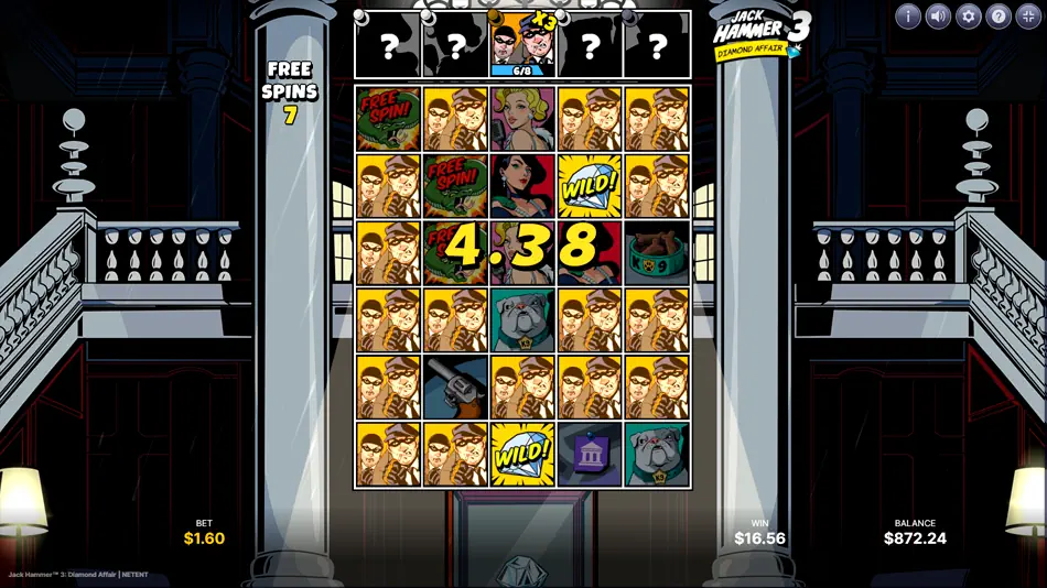 Jack Hammer 3: Diamond Affair online slot from NetEnt - win in the free spins bonus feature.