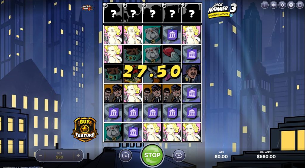 The Sticky Win feature activated in the Jack Hammer 3 slot, with winning symbols locked in place for a respin.