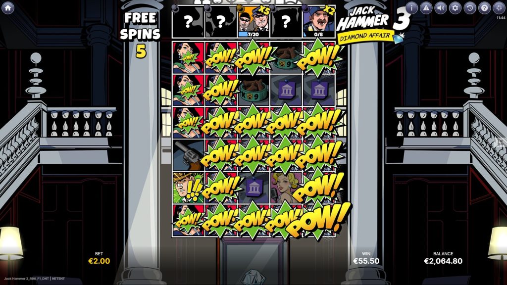 The free spins round in Jack Hammer 3, with winning symbols covered by a "POW!" effect and the Mysterious Multiplier bar visible above