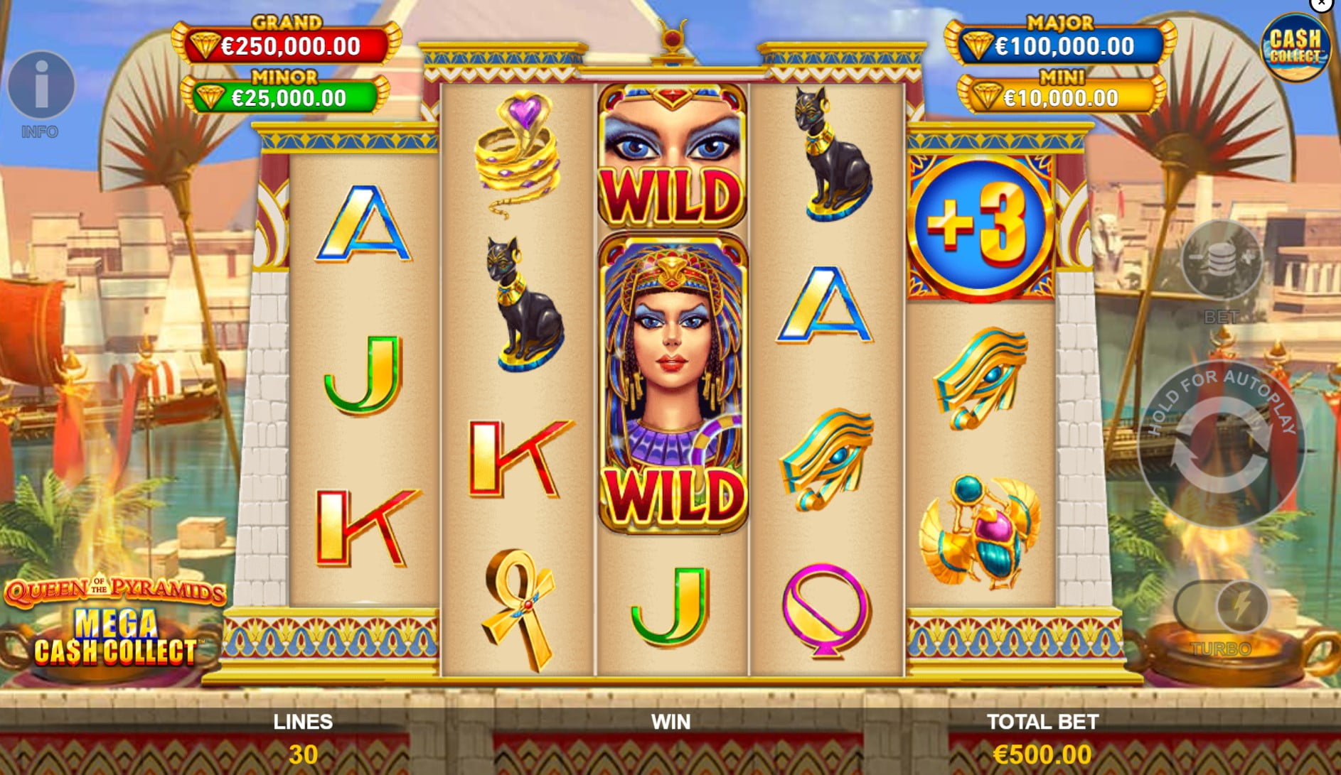 Queen of the Pyramids: Mega Cash Collect by Playtech slot gameplay screen