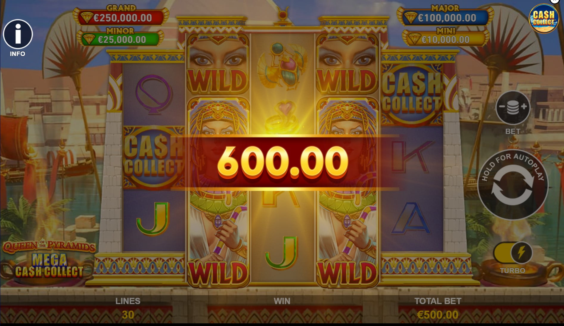 Queen of the Pyramids: Mega Cash Collect by Playtech slot gameplay screen