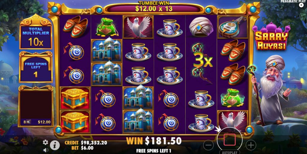 The total multiplier meter accumulating value during the Saray Ruyasi free spins feature.