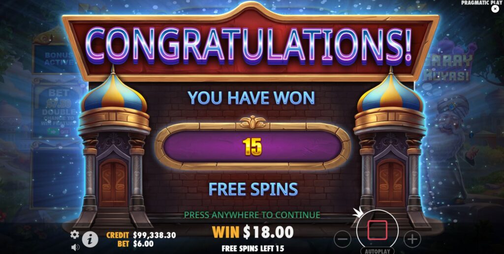 Triggering the Free Spins bonus round in Saray Ruyasi with four scatter symbols.