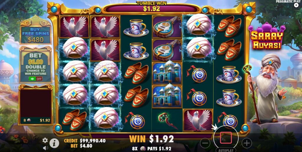 Main game grid of the Saray Ruyasi slot by Pragmatic Play, showing the 6x5 layout and Arabian theme.