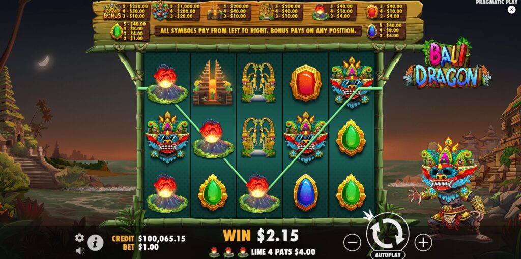 Example of a winning payline combination in the Bali Dragon slot game.
