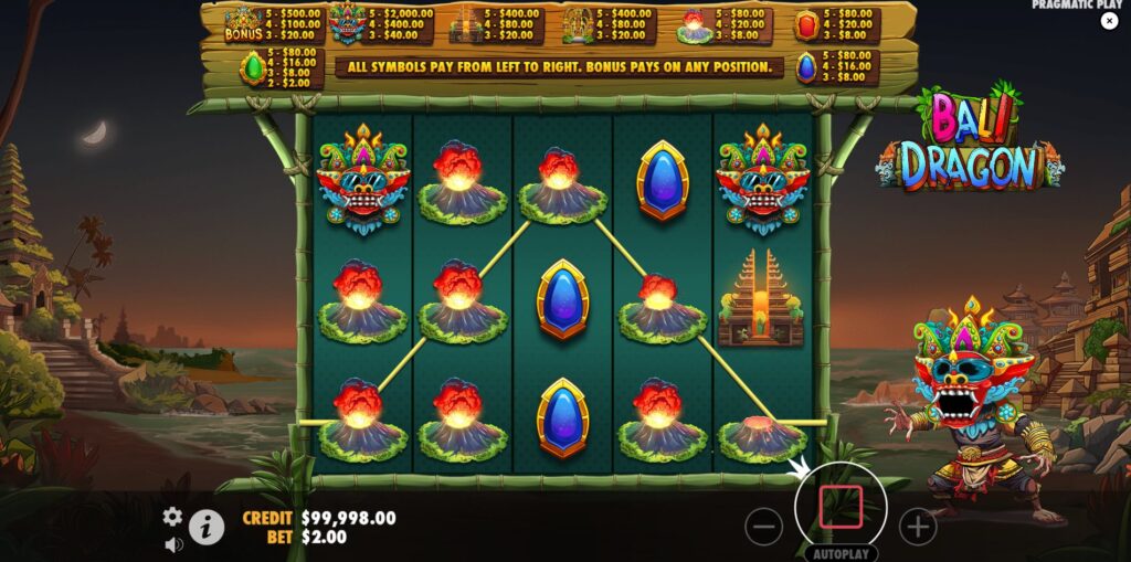 Main interface of Bali Dragon slot by Pragmatic Play showing 5x3 reels, Barong character, and paytable.