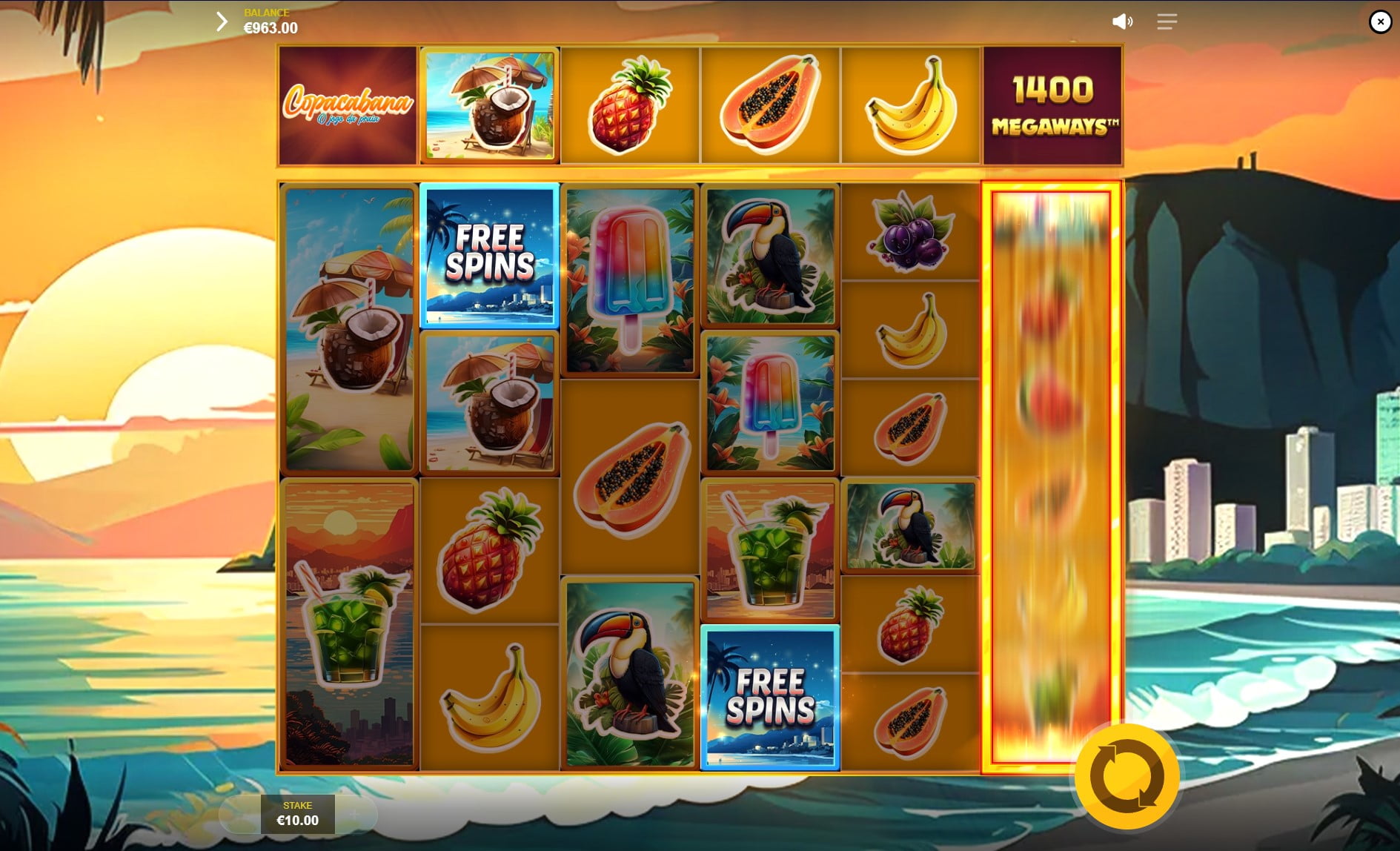 Copacabana Megaways slot gameplay screen