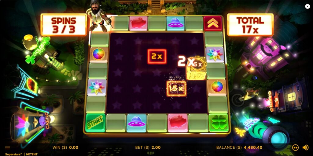 The Gonzo Bonus Feature in Superstars slot multiplying random prizes on the reels by 2x, 3x, or 5x.