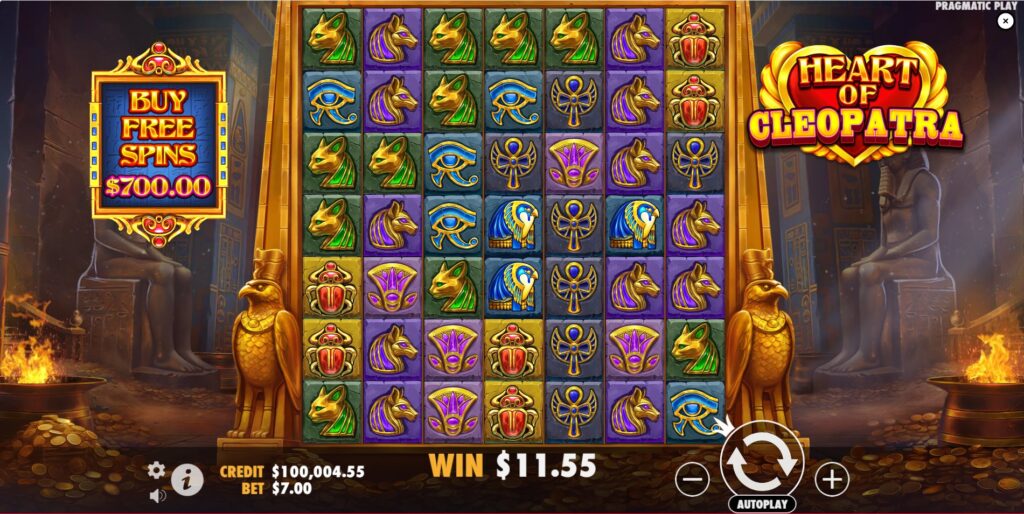 Initial 7x7 game grid of Heart of Cleopatra slot by Pragmatic Play before any wins, showing symbols and interface.