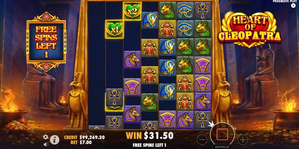 Heart of Cleopatra Free Spins round showcasing numerous persistent Money Spots with accumulated multipliers across the grid.