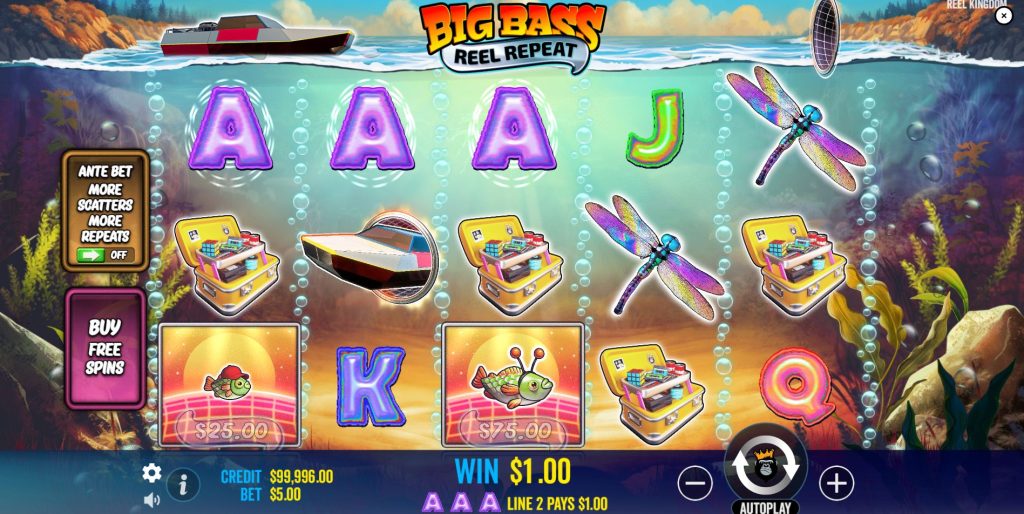 The 5x3 reel layout of the Big Bass Reel Repeat slot, showing various fishing and sci-fi symbols.