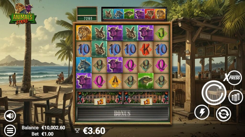 Animals Strike slot base game interface with 6x3 grid and tropical beach bar background.