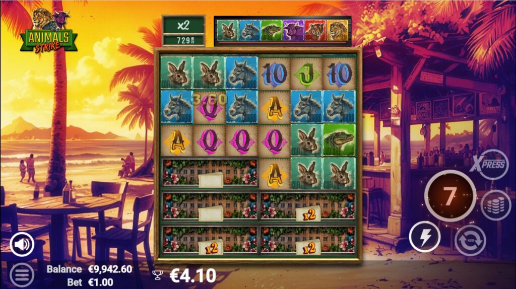 Animals Strike free spins bonus round with an expanded grid, active global multiplier, and persistent features.
