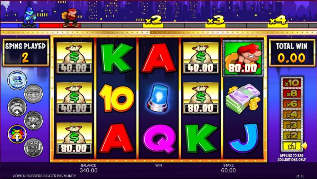 The Big Money Bonus feature with the cop and robber chase on the multiplier trail.