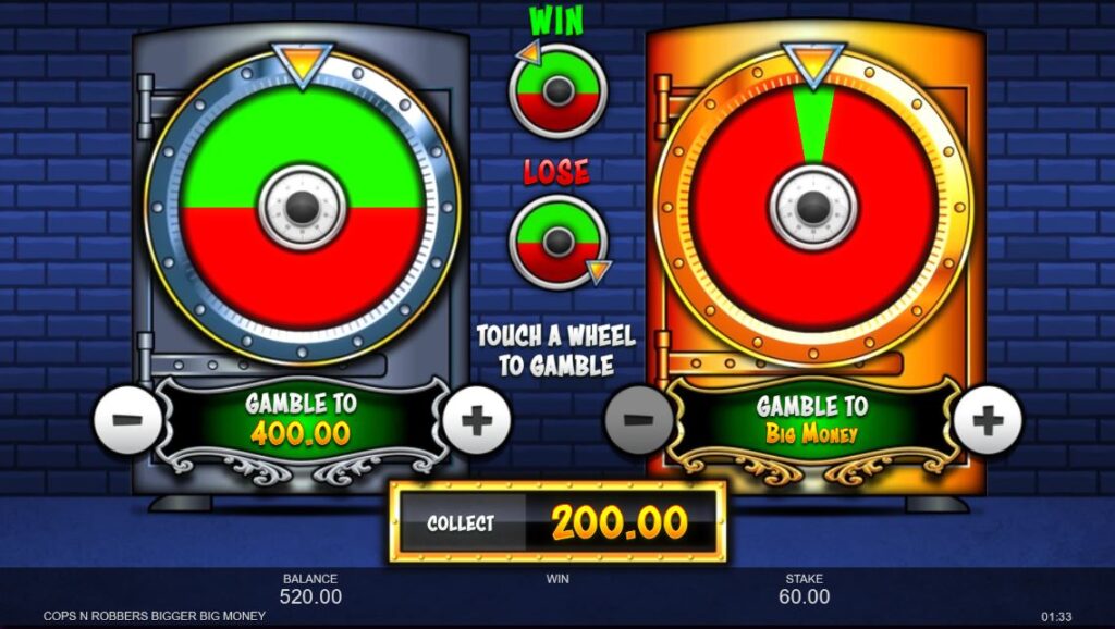 The dual-wheel Gamble feature for cash or bonus entry.