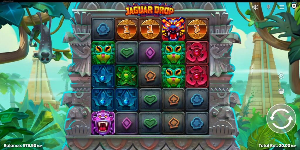 Jaguar Drop slot base game screen with 5x5 reel layout and themed symbols.