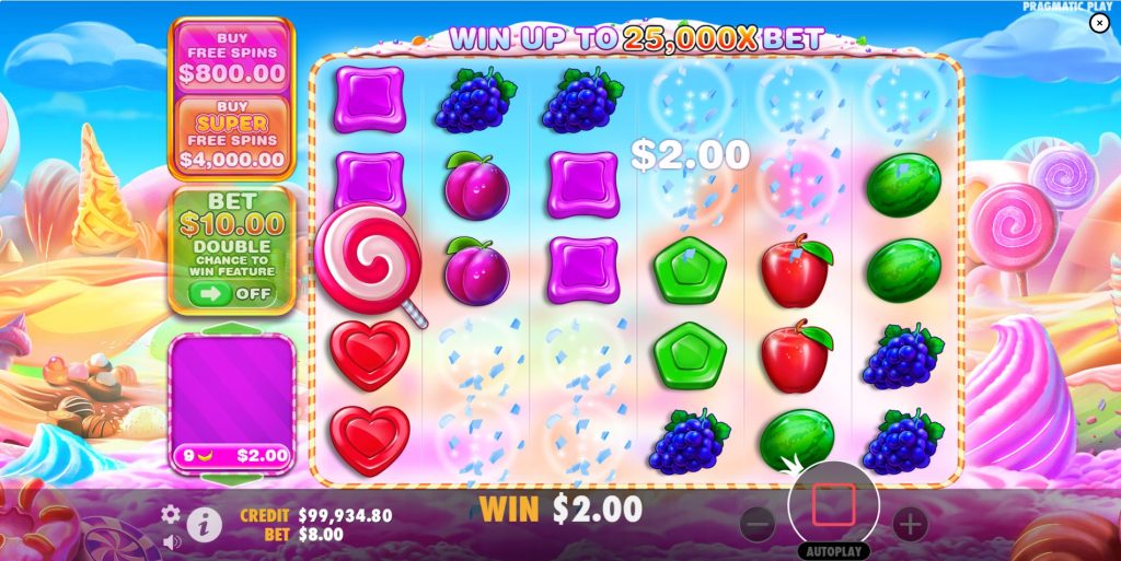 Sweet Bonanza 1000 base game showing tumbling reels and fruit symbols.