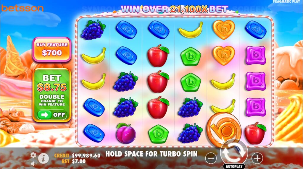 Sweet Bonanzasson slot main game screen with 6x5 reel layout and candy symbols.