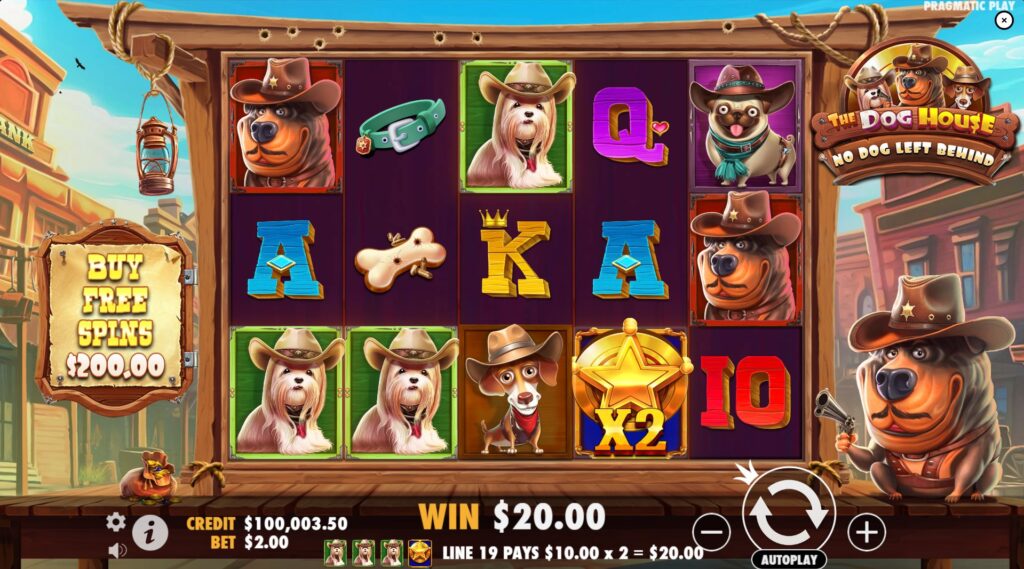 The Dog House: No Dog Left Behind slot base game with high-paying dog symbols and a Wild multiplier on the reels.