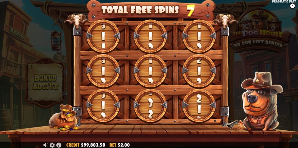 Activation of Free Spins in The Dog House: No Dog Left Behind, showing the 3x3 grid used to determine the number of awarded spins.