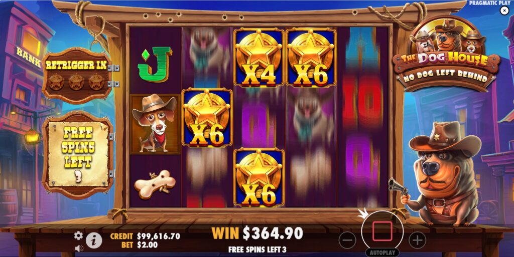 The Dog House: No Dog Left Behind during the Free Spins bonus round with multiple Sticky Wilds and their multipliers on the reels.