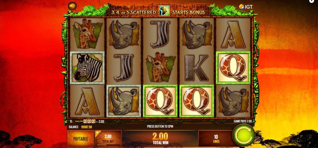 Wild Life slot base game view showing reels, symbols and African savanna theme by IGT