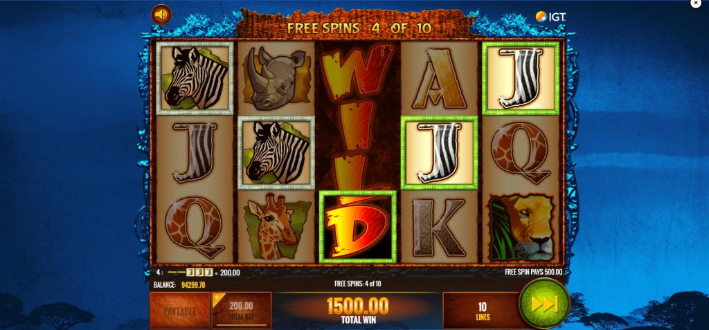 Wild Life slot free spins feature with sticky expanding wilds, lion wilds locked on reels