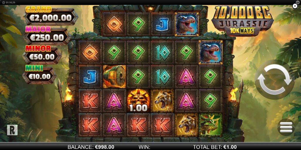 Main game screen of the 10,000 BC Jurassic 10K Ways slot by ReelPlay, showing the 6-reel layout, top reel, and prehistoric theme.
