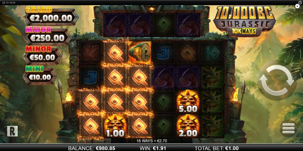 A winning combination triggering the Cascade feature in the 10,000 BC Jurassic 10K Ways slot, with winning symbols highlighted.