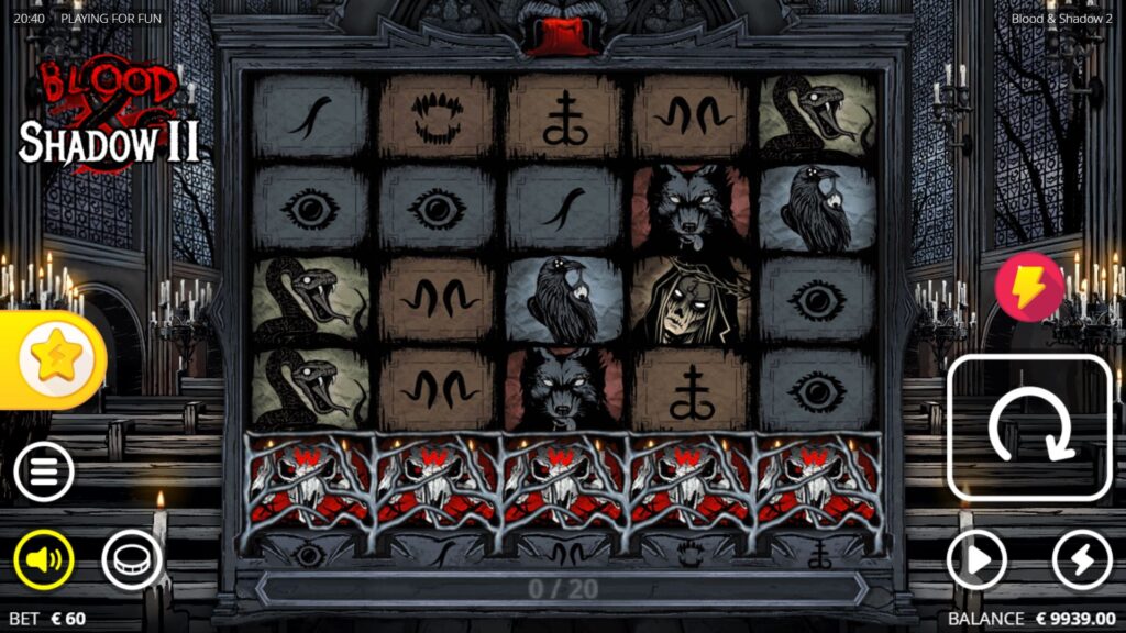 Blood & Shadow 2 slot base game screen showing the 5x4 reel layout and the Ritual Bar.