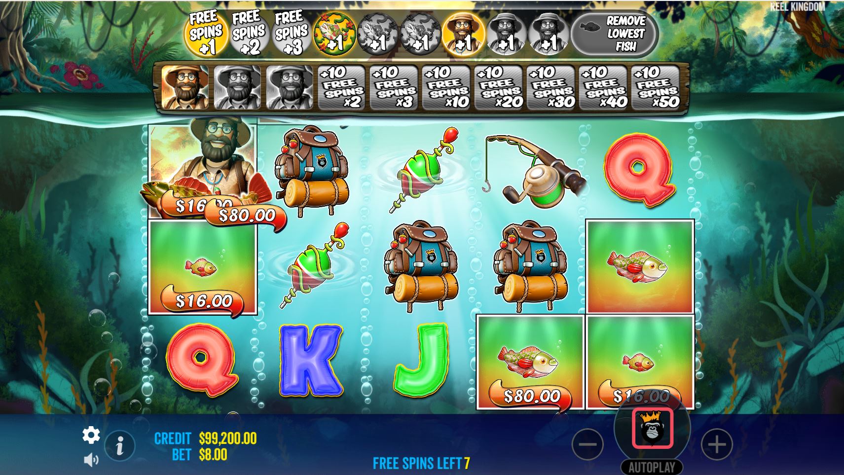 The Fisherman Wild symbol collecting cash values from multiple fish symbols during the free spins feature.