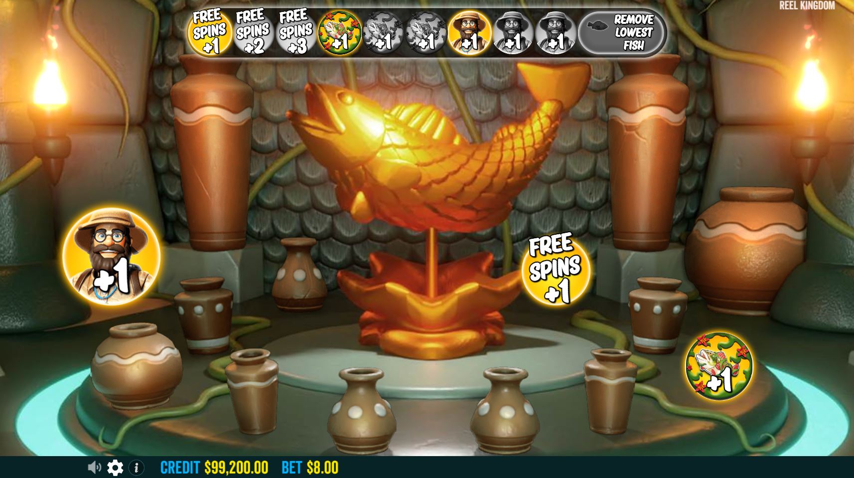 The pre-bonus Pick Feature in Big Bass Amazon Xtreme, with pots ready to be selected.