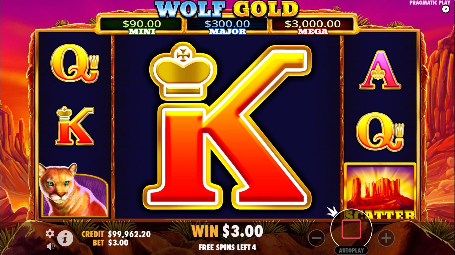 Wolf Gold slot Free Spins feature with giant 3x3 symbol