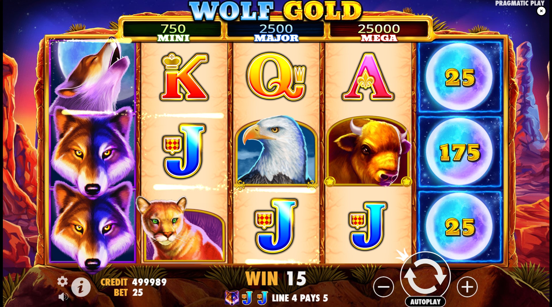 Wolf Gold slot main game interface with animal symbols and canyon background