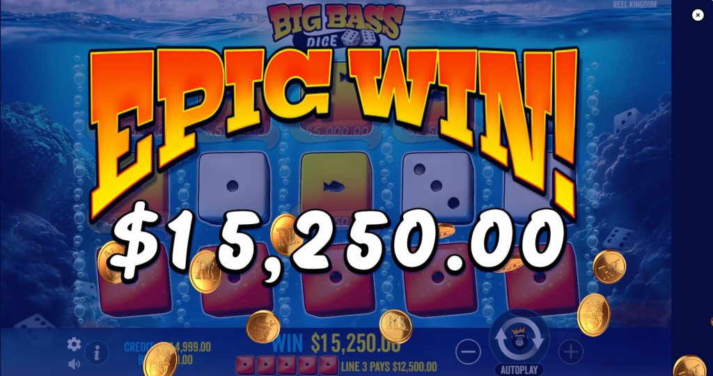 Big Win screen in Big Bass Dice slot, highlighting a significant payout during gameplay.