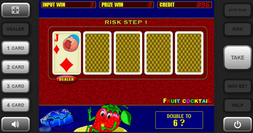 Fruit Cocktail slot gamble feature card selection screen.