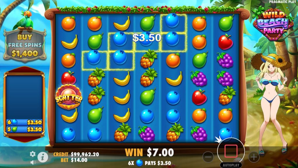 Wild Beach Party slot base game cluster win with tumble feature by Pragmatic Play