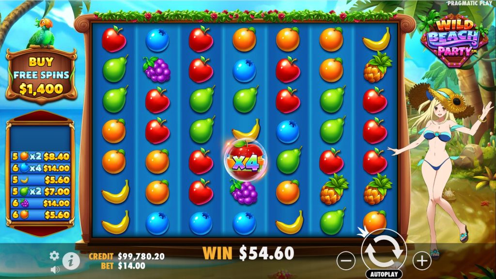 Wild Beach Party slot base game with wild symbol and multiplier feature