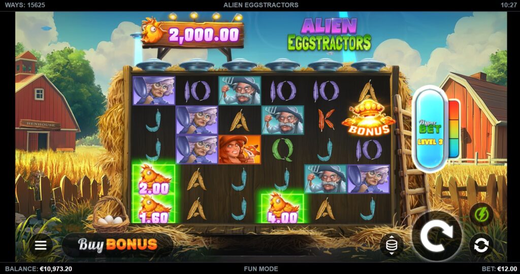 Base game in Alien Eggstractors slot with K-Cash chicken symbols on reels