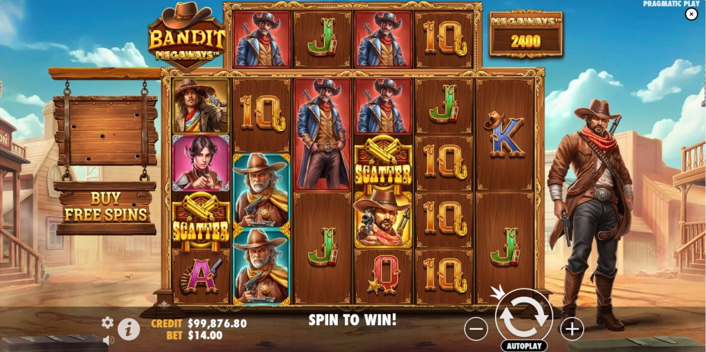 Bandit Megaways slot base game view showing Megaways reels and Wild West theme by Pragmatic Play