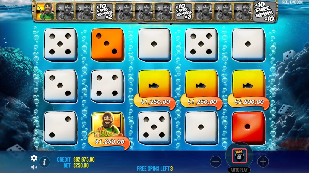 Big Bass Dice slot Free Spins in action, Wild fisherman collecting money dice symbols for a win.