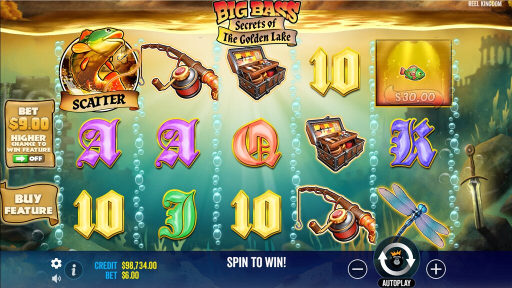 Big Bass Secrets of the Golden Lake slot base game view showing reels, symbols and Arthurian lake background by Pragmatic Play