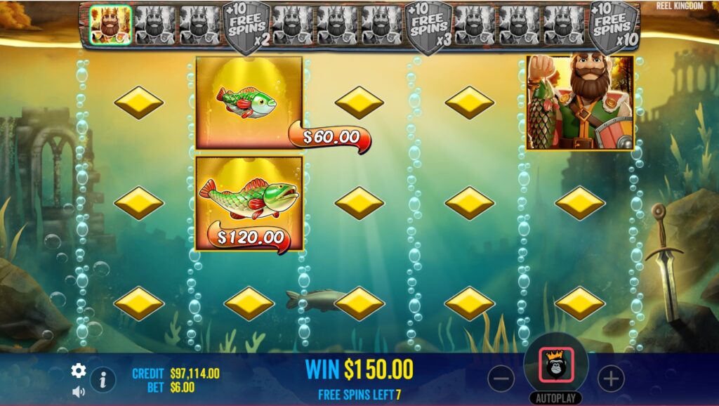 Big Bass Secrets of the Golden Lake slot free spins feature with Fisherman wild symbol collecting fish money symbols