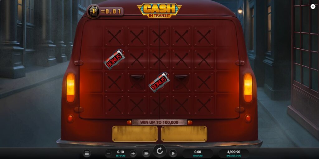 Cash in Transit Slot Main Screen - London street at night with van and money.