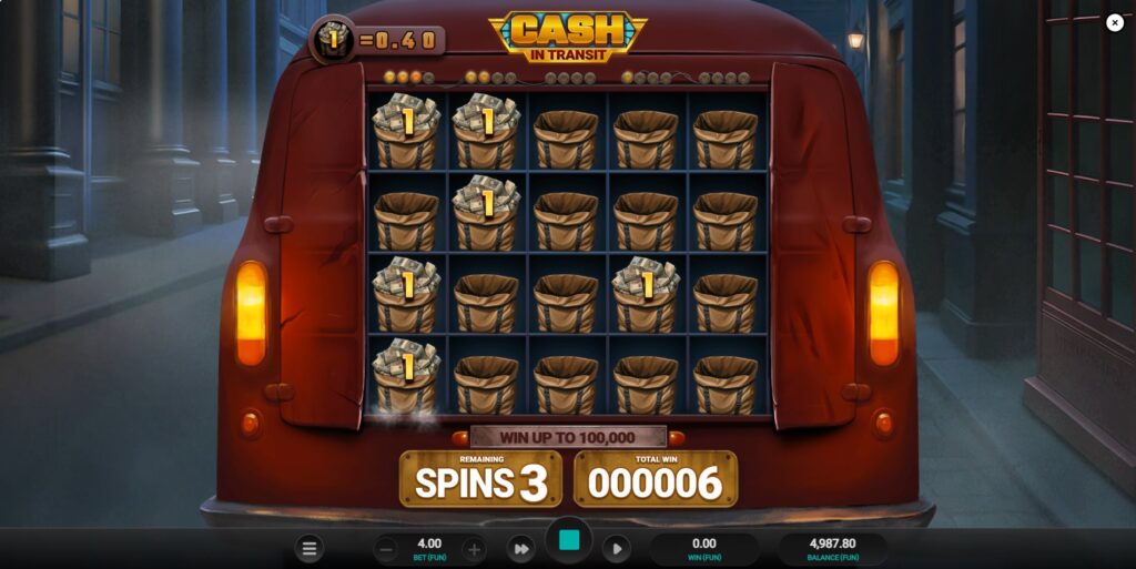 Cash in Transit Slot Respins Feature - Grid with Cash Bag and Special Agent symbols.