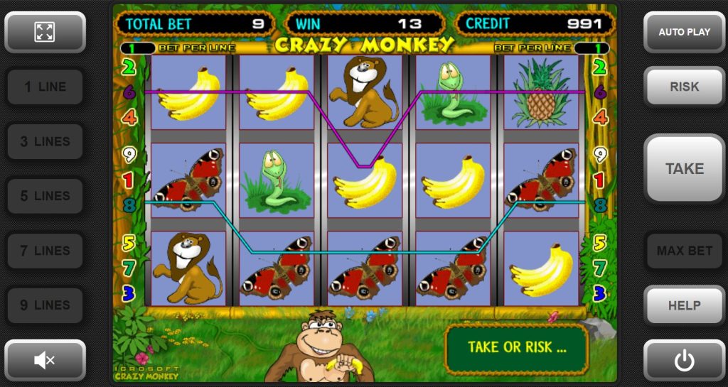 Crazy Monkey slot game main screen gameplay with jungle theme